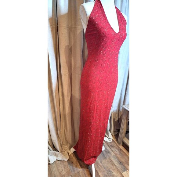 Gunne Sax Jessica McClintock Vtg Y2K Red Glitter Halter Glitter Maxi Dress - Picture 2 of 7